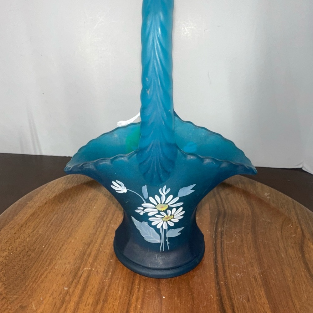 Westmoreland Blue Satin Glass Basket Hand Painted Daisies 6.75"  Vintage